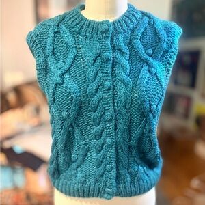 Elegant Partners Hand-Knit Teal Cable Knit Cardigan Sweater Vest  — Size L